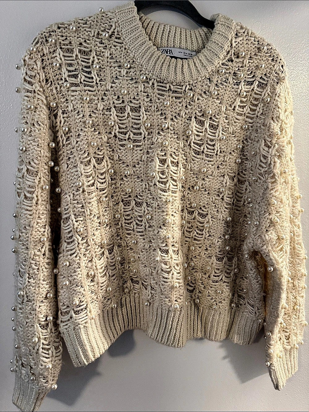Zara Pearl Embellished Open Knit Sweater Size Medium